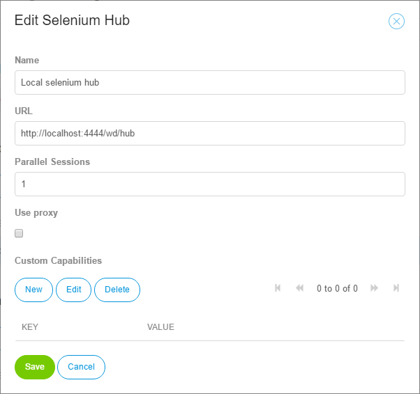 Edit Selenium hub dialog